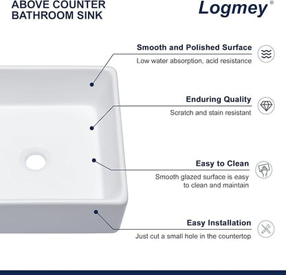 Logmey 15 Inch Bathroom Vessel Sink 15x15 Square Small White Vessel Sink for Bathroom Sink Above Counter Porcelain Ceramic Vanity Art Countertop Sink