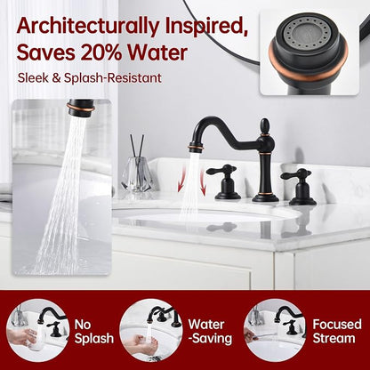 SUMERAIN 8 Inch Widespread Bathroom Faucet, Oil Rubbed Bronze | 3 Hole, 2 Handle, Vintage Style, 360°Swivel Spout