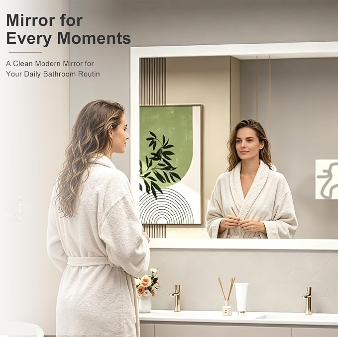SMIROR 60x40 Matte White Bathroom Vanity Mirror for Over Sink | Metal Wide Frame, Rectangle, Right- Angle Corner, Anti-Rust, Horizontally or Vertically Wall- Mounted for Home Remodel