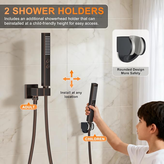 Oil Rubbed Bronze Shower System with Tub Spout, Ceiling Mounted Bathtub Shower Faucet Set, 12" Rainfall Shower Head and Handheld Shower Combo, High Pressure Shower Fixtures Set with Rough-in Valve
