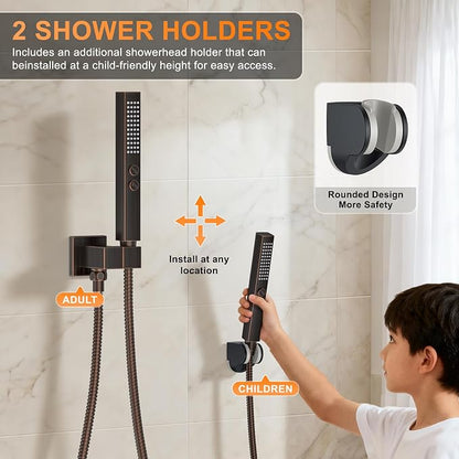 Oil Rubbed Bronze Shower System with Tub Spout, Ceiling Mounted Bathtub Shower Faucet Set, 12" Rainfall Shower Head and Handheld Shower Combo, High Pressure Shower Fixtures Set with Rough-in Valve