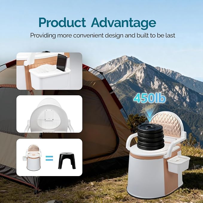 VINGLI Portable Toilet | Back & Handrail Design Commode with 5 Gallon Bucket Inner, Camping RV Toilet for Adult, Kids, Home, Boat, Van, Travel, Orange