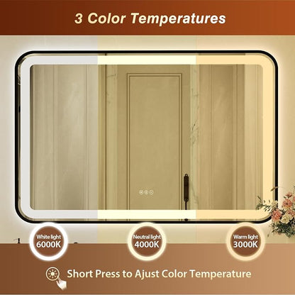 32x55 Inch Black Framed LED Bathroom Mirror with Lights, Built-in Bluetooth Speaker,Tempered Glass,Dimmable Lighted Bathroom Vanity Mirror with 3 Colors, Backlit + Frontlit, Memory, Anti-Fog