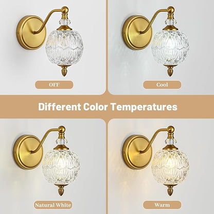 1 Piece Vintage Wall Sconce, 1-Light Mid Century Matte Brass Finish Wall Sconce with Globe Glass Shade, Retro Light for Bathroom, Bedroom, Living Room,Powder Room