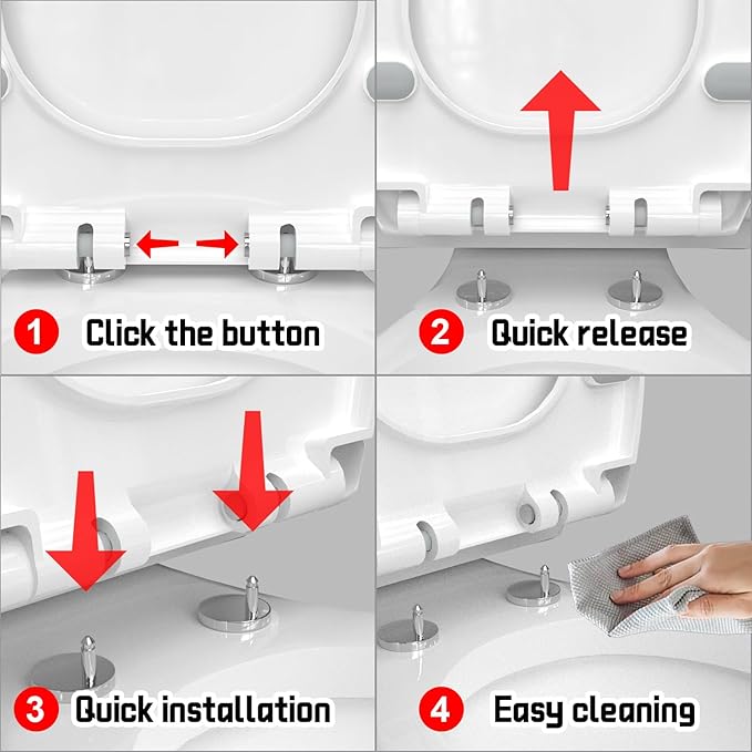 Premium Heavy-Duty Elongated (Oval) Toilet Seat (Oblong 18.5″), Soft Close & Silent, Metal Hinges, Quick-Attach Installation, Durable, Easy-Clean, White