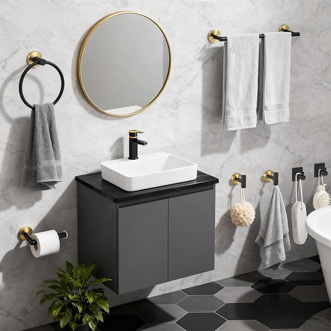 7 Pcs Bathroom Accessories Set, Towel Racks for Bathroom | Black and Gold Bathroom Accessories with Stainless Steel,featuring Bathroom Towel Holder for modern bathroom style.