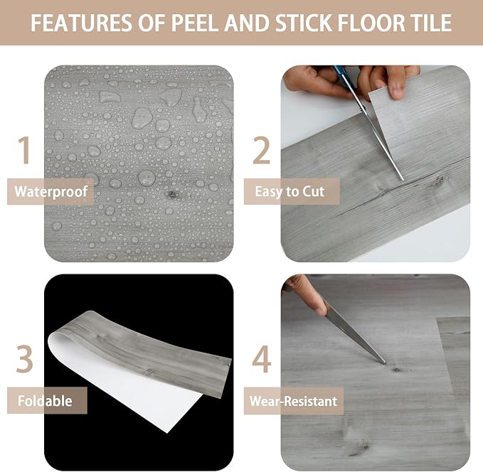 Peel and Stick Floor Tile, 40-Pack 60 Sq.Ft, Natural Grey Wood Grain Look | Self Adhesive and Waterproof for Transfer Bathroom, Kitchen, Living Room, Bedroom(36x6inch)