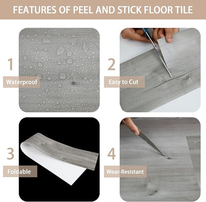 Peel and Stick Floor Tile, 40-Pack 60 Sq.Ft, Natural Grey Wood Grain Look | Self Adhesive and Waterproof for Transfer Bathroom, Kitchen, Living Room, Bedroom(36x6inch)