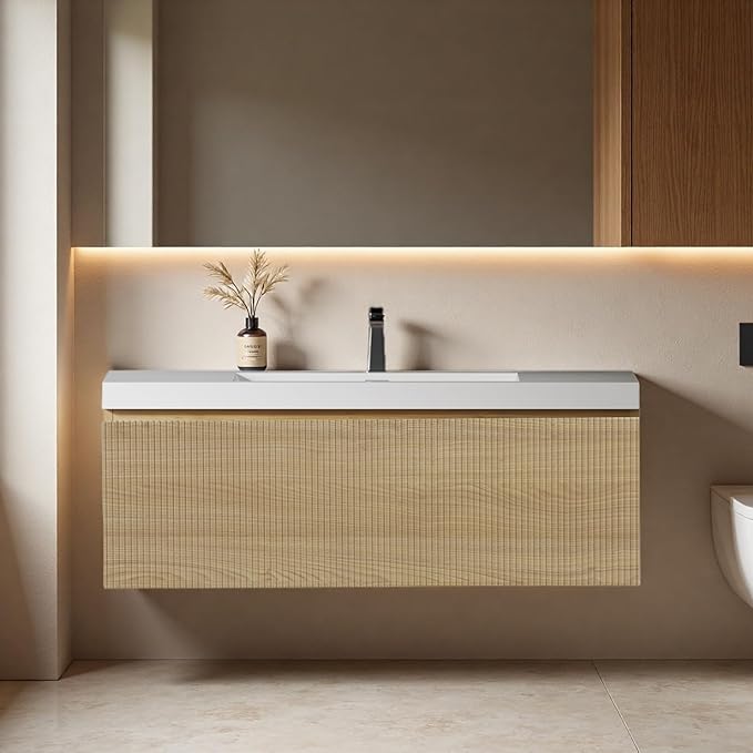 42" Bathroom Vanity with Sink, Floating Vanity with Resin Countertop & 1 U-Shaped Interiors, Wall-Mounted Bathroom Storage Cabinet with Soft-Close Drawers for Home, Easy to Clean, Wood