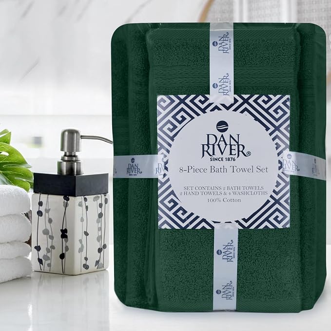 DAN RIVER 8 Piece Luxury Bath Towels for Bathroom, Towel Set, Hunter Green | 2 Bath towels, 2 Hand towels, and 4 Wash Cloths, 600 GSM 100% Ring Spun Cotton, Highly Absorbent, Gym, Hotel, guest, and Spa