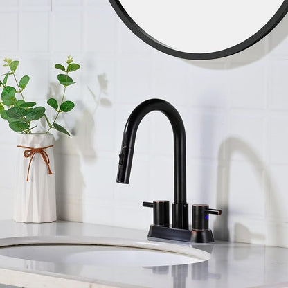 Oil Rubbed Bronze Bathroom Faucet with Pull Out Sprayer, Dual-Function Spout Bronze Bathroom Sink Faucets, 4 Inch Two Handle Utility Sink Faucet with Sprayer 3 Hole, Easy Pet Shower, RVs