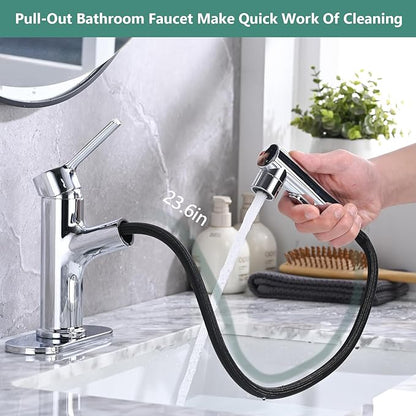 Bathroom Sink Faucet with Pull Out Sprayer, Single Handle Modern Bathroom Basin Faucet with Pop-up Sink Drain Stopper & Deck Plate 1 or 4-inch Centerset 3 Hole, Chrome