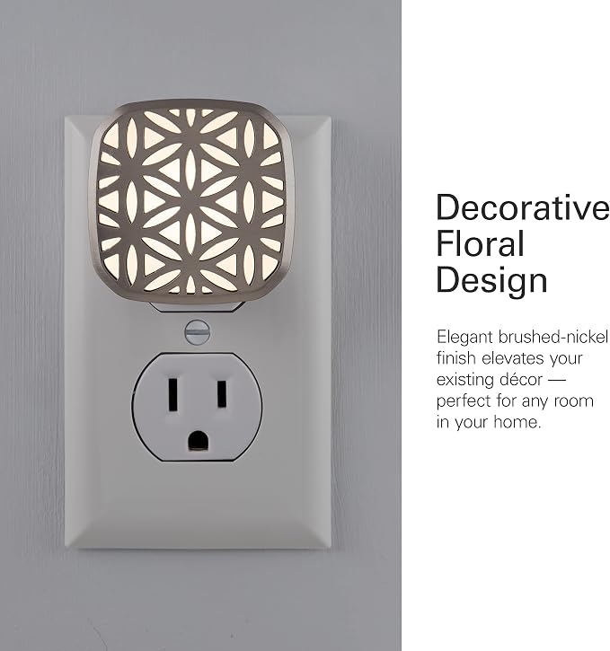 Lights By Night Decorative LED Night Light, Brushed Nickel Flower Design | Plug-in, Dusk to Dawn Sensor, UL-Certified, Home Decor, Ideal for Bedroom, Bathroom, Kitchen, Hallway, 54744, 2 Pack