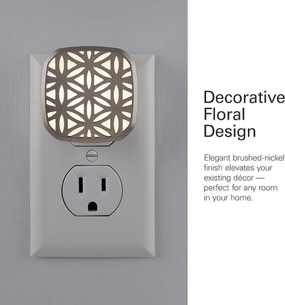 Lights By Night Decorative LED Night Light, Brushed Nickel Flower Design | Plug-in, Dusk to Dawn Sensor, UL-Certified, Home Decor, Ideal for Bedroom, Bathroom, Kitchen, Hallway, 54744, 2 Pack
