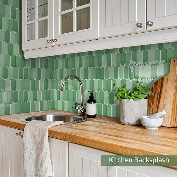 10-Sheet Upgraded Thicker Peel and Stick Kitchen Backsplash Tiles | Waterproof Self-Adhesive Vinyl Wall Tile Stick on Backsplash for Kitchen,Bathroom,Fireplace and RV(Sage Green,12"×12")