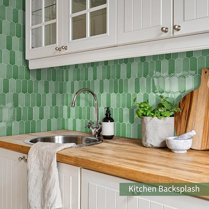 10-Sheet Upgraded Thicker Peel and Stick Kitchen Backsplash Tiles | Waterproof Self-Adhesive Vinyl Wall Tile Stick on Backsplash for Kitchen,Bathroom,Fireplace and RV(Sage Green,12"×12")