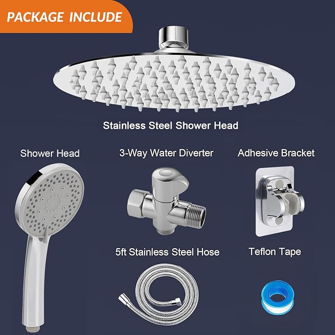 NearMoon Shower Head with Hose, High-Pressure Stainless Steel 8'' Rain Shower and 5 Settings Handheld Shower Spray Combo with Push Button Flow Control for Easy Operation (Chrome)