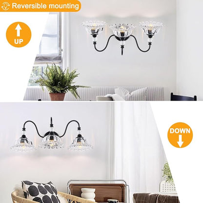 Vintage Bathroom Vanity Light Fixtures 3 Lights Matte Black Vanity Lights for Bathroom with Floral Crystal Glass Shades Wall Lighting Fixtures Over Mirror(Exclude E26 Bulb)
