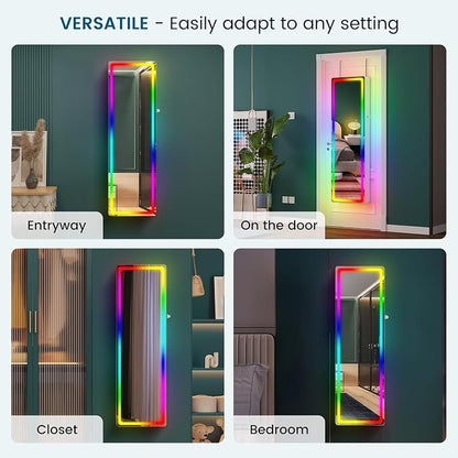 HNEBC Full Length Mirror with Storage, Wall Mounted Jewelry Cabinet with RGB Lights & Remote, Lockable Over Door Jewelry Organizer with Drawer, Foldout Makeup Tray 47.2" Hx14.5 Wx3.9 D, White
