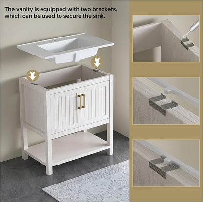 30 Inch Modern Bathroom Vanity with Sink, White | Freestanding Vanity Cabinet with Soft-Close Door, Open Storage Shelf, Gold Handles & Adjustable Feet
