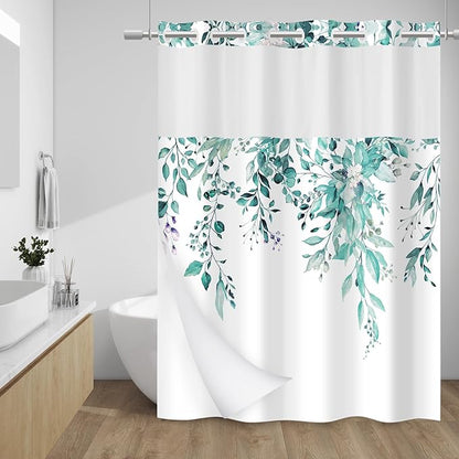 No Hook Shower Curtain with Liner, Eucalyptus Seaweed Green, 71x74 | Snap in Liner, 3 in 1, Water Repellent, Easy Install, Machine Washable, Hotel Style for Bathroom, Watercolor Pattern