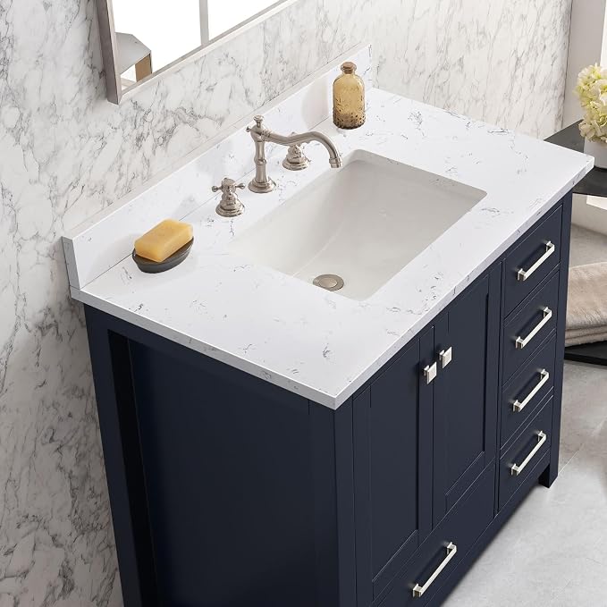 36"x22" Engineered Stone Bathroom Vanity Top with Rectangular Undermount Ceramic Middle Sink, 8 Inch Faucet Hole Spread with Backsplash Bathroom Vanity Sink Top (Cabinet Not Included)