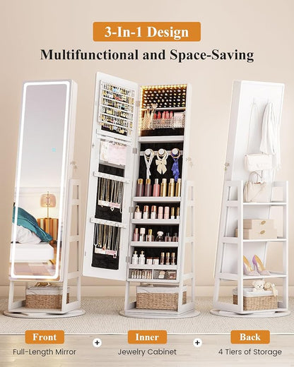 LVSOMT Standing Jewelry Cabinet Mirror with Adjustable LED Light White | 63" Lockable Jewelry Armoire Organizer with 4 Rear Shelves & Hooks, 360° Swivel, for Bedroom, Living Room, Women Girls Gift