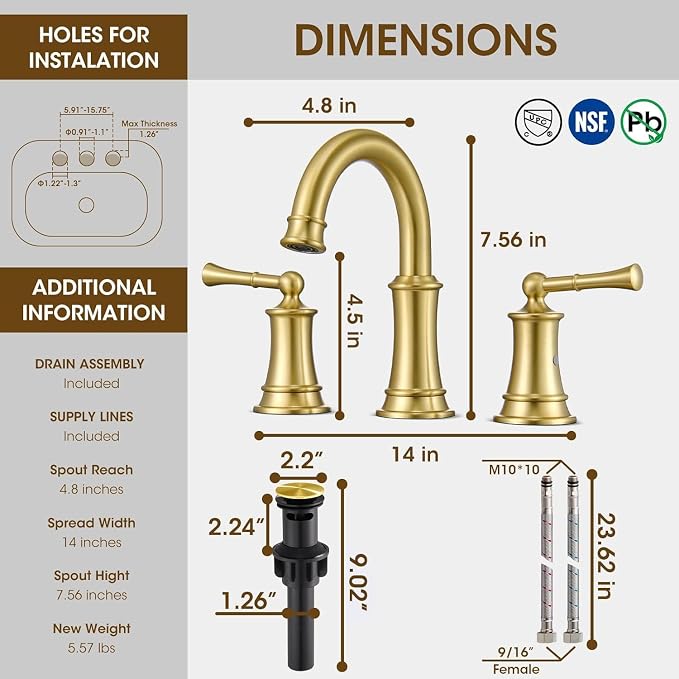 Gold Bathroom Faucet 3 Hole Sink Bathroom Fauce Solid Brass | Complete With Pop-Up Drain Assembly And cUPC Supply Lines For Widespread Vanity, Lavatory, And RV Sinks