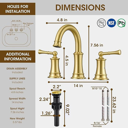 Gold Bathroom Faucet 3 Hole Sink Bathroom Fauce Solid Brass | Complete With Pop-Up Drain Assembly And cUPC Supply Lines For Widespread Vanity, Lavatory, And RV Sinks
