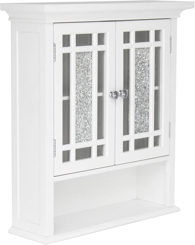 Teamson Home Windsor White Engineered Wood Bathroom Wall Cabinet with Glass Mosaic Doors