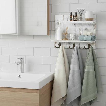 MyGift 2 Tier Wall Mounted Shabby White Washed Solid Wood Bathroom Storage Shelves, Decorative Entryway Floating Shelf Rack with 6 Hooks for Hanging Towels | Shabby Chic Finish, Six Hanging Points, Two Level Design, Space Saving Solution, Rustic Home A...