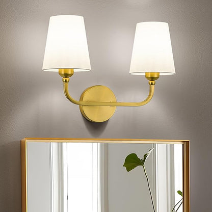 Bathroom Vanity Light, Brushed Gold Bathroom Light Fixtures, 2-Light Lighting Fixtures Over Mirror, Modern Wall Sconce with Flared White Fabric Shade, E26 Socket(ETL Listed)