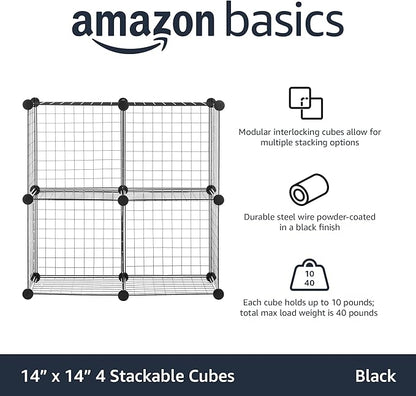 Amazon Basics 4 Cube Wire Grid Storage Organizer, Closet Organizer and Shelves, Stackable, Space-Saving, Easy to Assemble, 14"x14"x14", Black