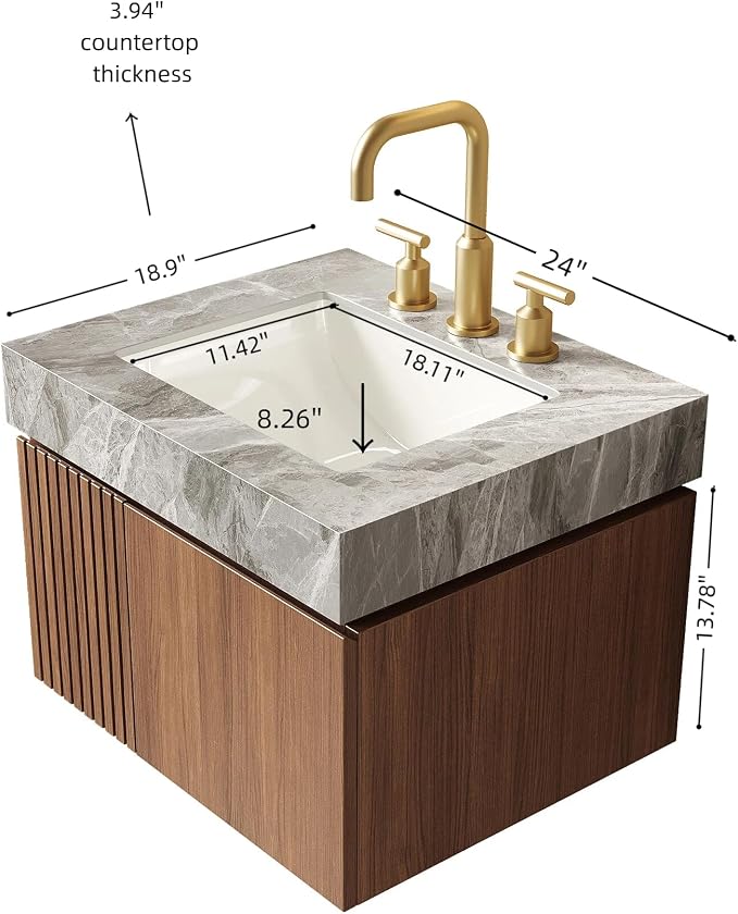 KEIKI 24 Inch Floating Bathroom Vanity with Sink, Brown Oak & Grey | Modern Wall Mounted Storage Cabinet with 2 Doors, Pre-assembled Wood Panels, Sintered Stone Top & Ceramic Basin Combo Set
