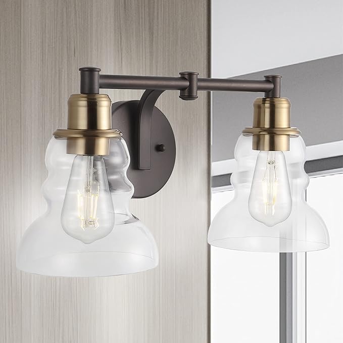 JONATHAN Y 18.5" Brass Gold/Oil Rubbed Bronze Modern Industrial Rustic 2-Light LED Vanity Light with Clear Glass Shade, Vintage Wall Sconce for Bathroom Kitchen Hallway, LED Bulb Included (JYL3545A)