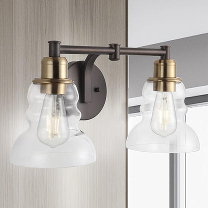 JONATHAN Y 18.5" Brass Gold/Oil Rubbed Bronze Modern Industrial Rustic 2-Light LED Vanity Light with Clear Glass Shade, Vintage Wall Sconce for Bathroom Kitchen Hallway, LED Bulb Included (JYL3545A)