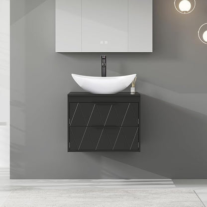 eclife 24" Floating Bathroom Vanities with Sink Combo, Wall Mounted Modern Cabinet W/Diamond Line Pattern Design, White Boat Ceramic Vessel Sink W/Water Save Faucet & Pop Up Drain, Black