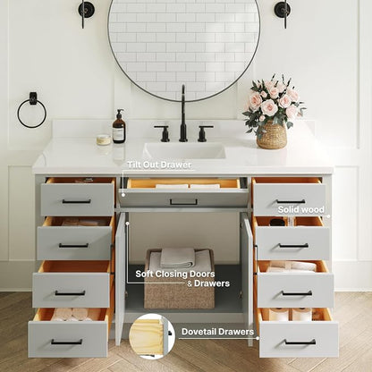 ARIEL Hepburn 60-inch Bathroom Vanity with Sink,Solid Wood, 1.5-inch Pure White Quartz Countertop & Backsplash, Single Rectangular Porcelain Sink, 2 Soft Closing Doors, 9 Dovetail Drawers, Grey