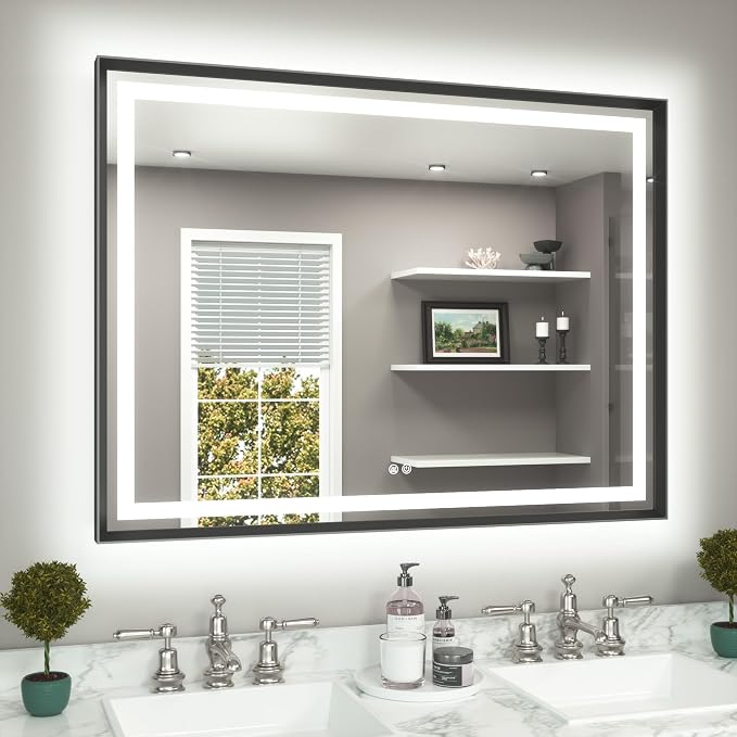 48 x 36 Bathroom LED Mirror Brushed Black Metal Frame Frontlit & Backlit Vanity Mirror Stepless Dimmable Anti-Fog 3 Colors White/Warm/Natural Light up Vanity Mirror Wall-Mounted