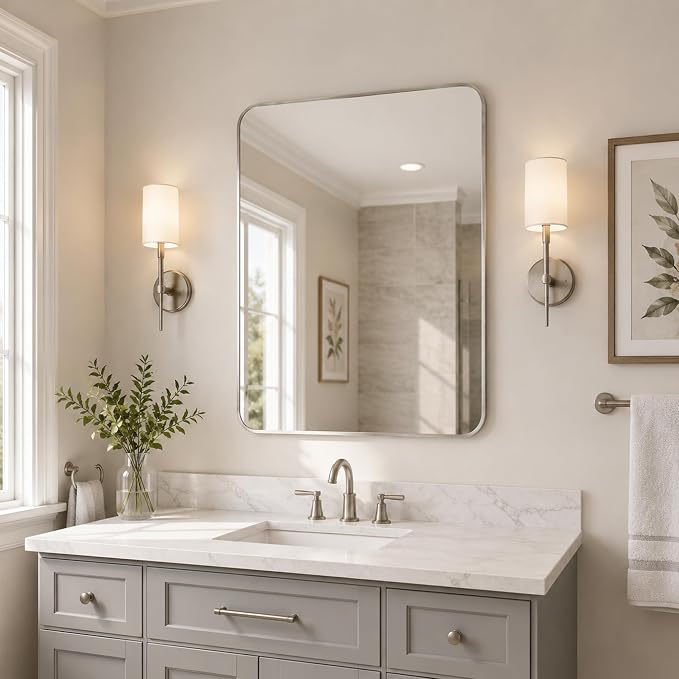 2-Pack 24x30 Inch Brushed Nickel Rounded Rectangle Vanity Mirrors | Double Vanity or Two Bathrooms, Pair or Separate Use, Aluminum Frame, Slim Front Profile, Two-Way Mount