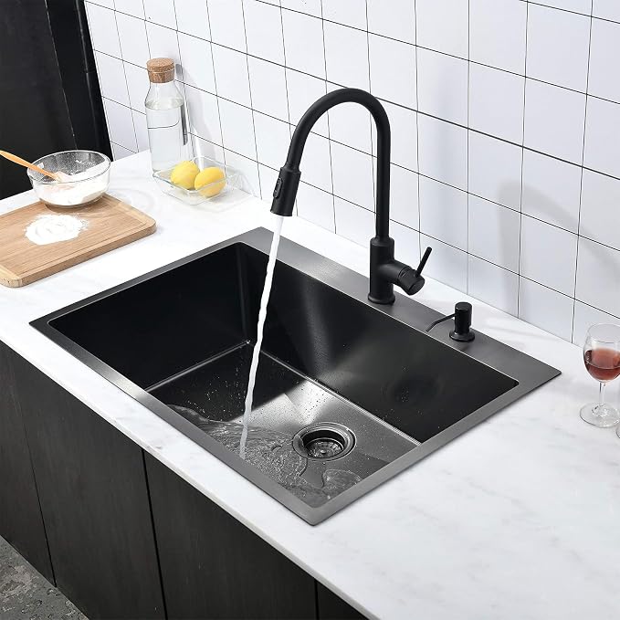 VAPSINT 28x18 Inch Black Drop In Kitchen Sink, 28 Inch Gunmetal Black Top Mount Extra-Thick Stainless Steel Single Bowl Sink RV Laundry Utility Prep Sink with Drain Strainer & Metal Grid