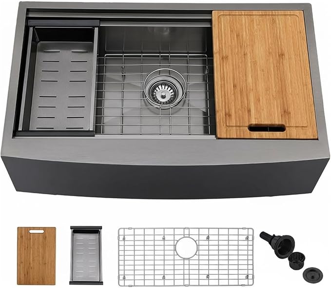 KINGO HOME 33 inch Black Farmhouse Sink, 16 Gauge Double Ledges Stainless Steel Farmhouse Kitchen Workstation, Apron Front Deep Single Bowl Kitchen Farm Farmer Style Sinks 33"x20"x9