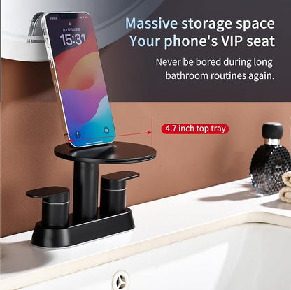 Matte Black Bathroom Sink Faucet, 4 Inch Waterfall Centerset | 3 hole bathroom faucet, two handle vanity fixture, round storage shelf, metal pop-up drain, vanity remodel installation