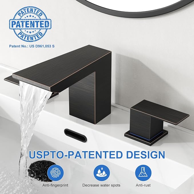 RUMOSE Bathroom Faucets 3 Hole Bronze Bathroom Sink Faucet with Drain | 8 Inch Mixer Widespread Waterfall Vanity Two Handle Lavatory Bath Tap, Pop Up Drain, Stainless Steel