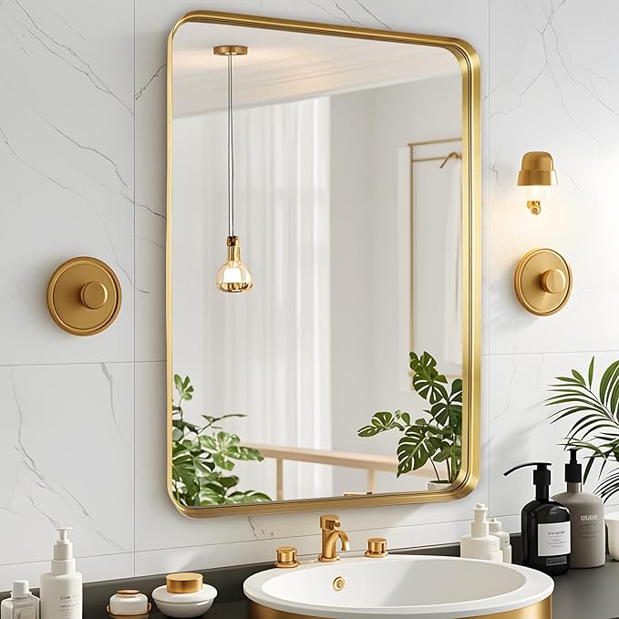 Fabuday Gold Bathroom Mirror 22x30 Inch - Rectangular Wall Mounted Mirror Over Sink, Brushed Metal Frame Bathroom Mirrors for Entryway Modern Farmhouse Decor, Horizontal or Vertical Hanging,