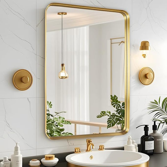 Fabuday Gold Bathroom Mirror 22x30 Inch - Rectangular Wall Mounted Mirror Over Sink, Brushed Metal Frame Bathroom Mirrors for Entryway Modern Farmhouse Decor, Horizontal or Vertical Hanging,