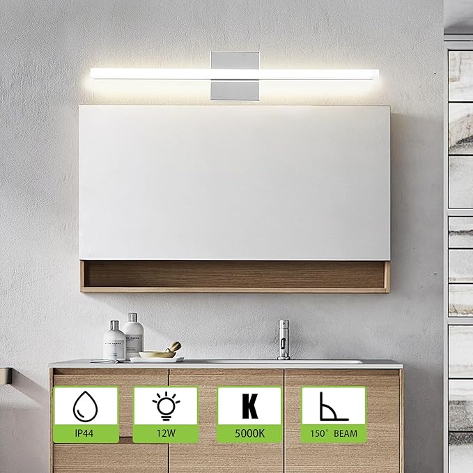 LED Bathroom Vanity Light 24inch Over Mirror Lighting Fixture Modern Indoor Chrome 12W 5000K Cool White Wall Sconce for Bathroom Bedroom Living Room