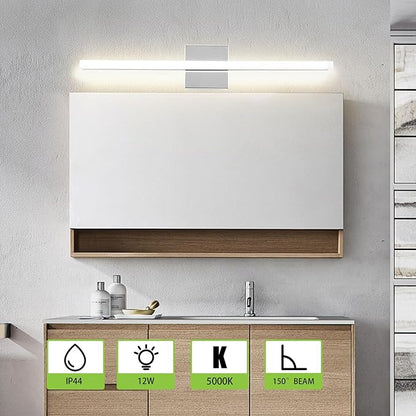 LED Bathroom Vanity Light 24inch Over Mirror Lighting Fixture Modern Indoor Chrome 12W 5000K Cool White Wall Sconce for Bathroom Bedroom Living Room