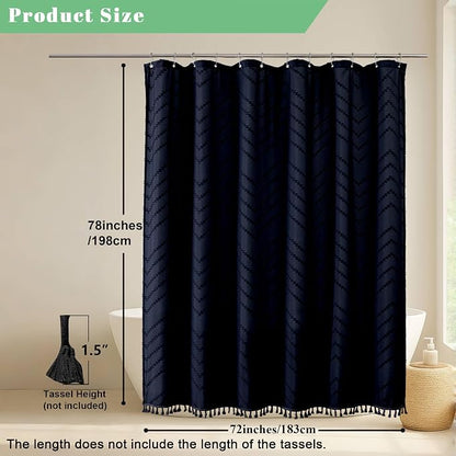 Navy Blue Fabric Shower Curtain, Boho Shower Curtains for Bathroom Chic Tufted Chevron Striped Textured with Tassel, Soft Hotel Style Farmhouse, Machine Washable, 72x78, Navy Blue
