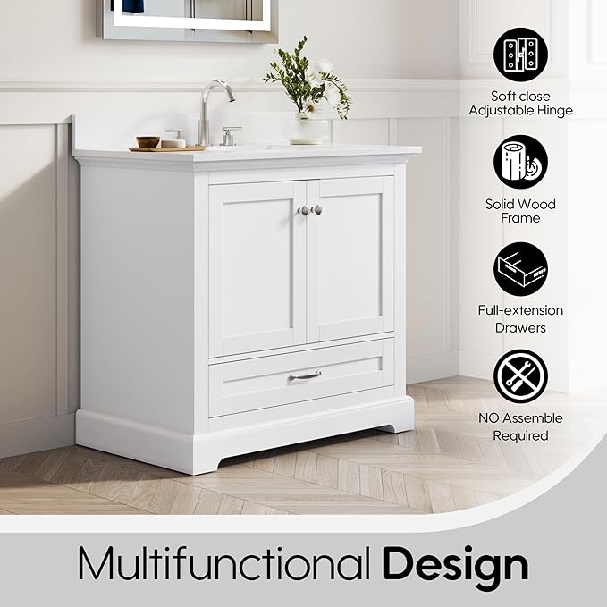 WELLFOR 36" Bathroom Vanity with Sink, Bathroom Freestanding Vanity W/ 2 Soft-Close Doors and 1 Soft-Close Drawers, Bathroom Cabinet Vanity with Engineered Stone Countertop, White